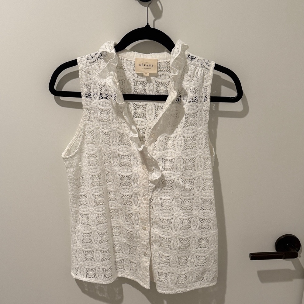 Sezane White Lace Ruffle Blouse